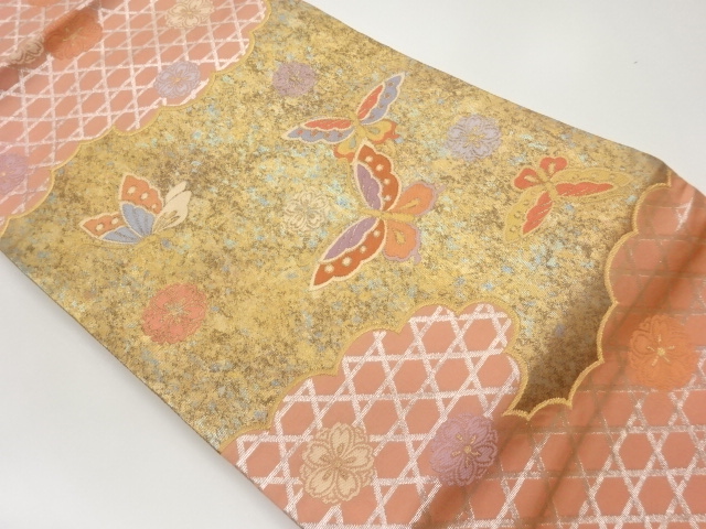 引箔蝶に八重桜・籠目模様織出し名古屋帯